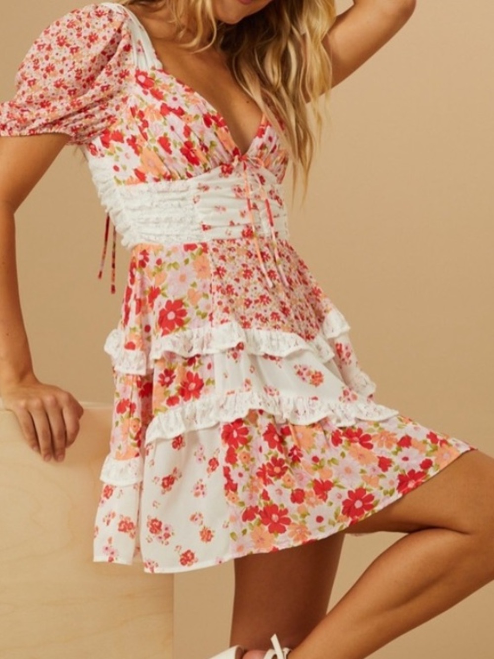 Altar’d State Aderny Patchwork Floral tiered Mini Dress Sz XL